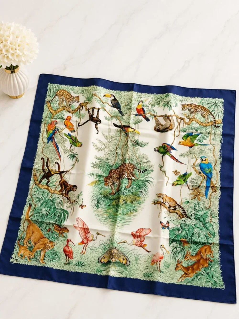 Authentic Hermès Equateur Carré 90 Silk Scarf Blue Jungle Wildlife